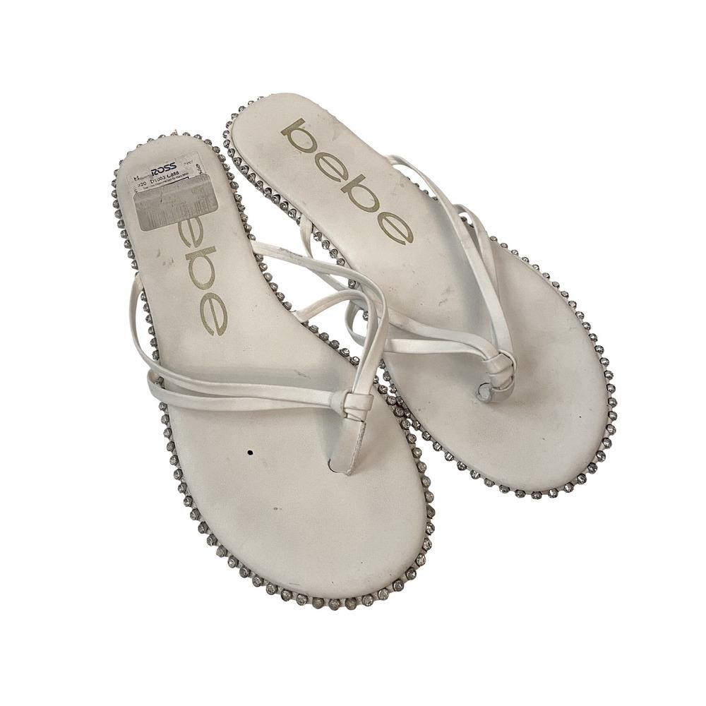 Bebe‎ Chora Women White Rhinestone Trim Thong Sandals Flat Flip Flops Size 9